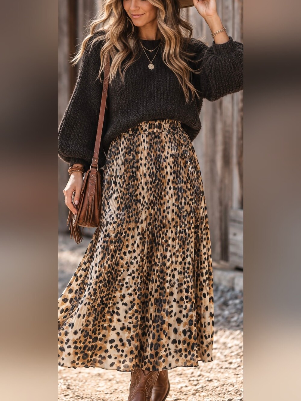 Allison Taylor Leopard Print Pleated Midi Skirt Size Small Animal Print Boho